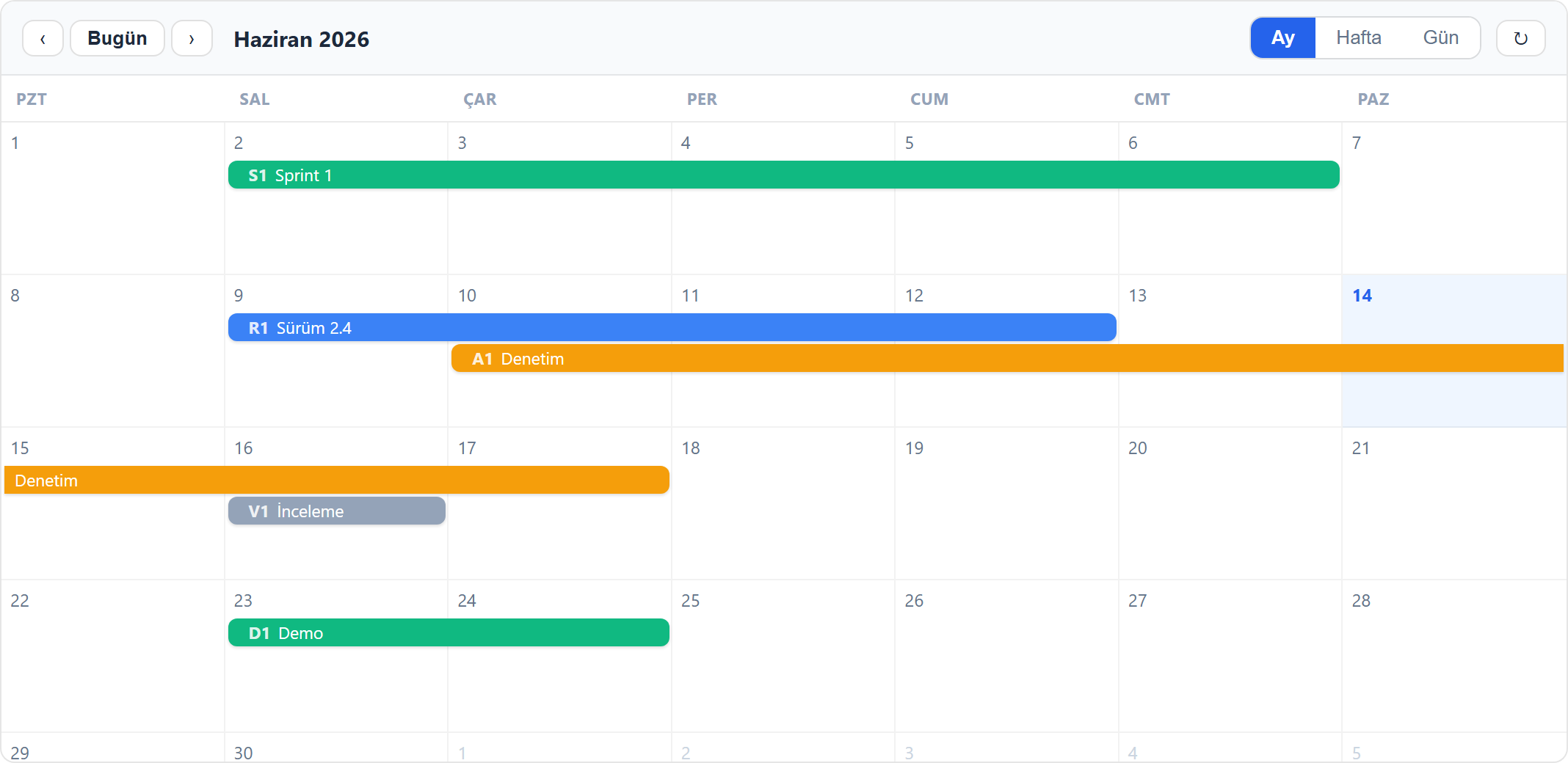 Calendar — ay görünümü, spanning bar